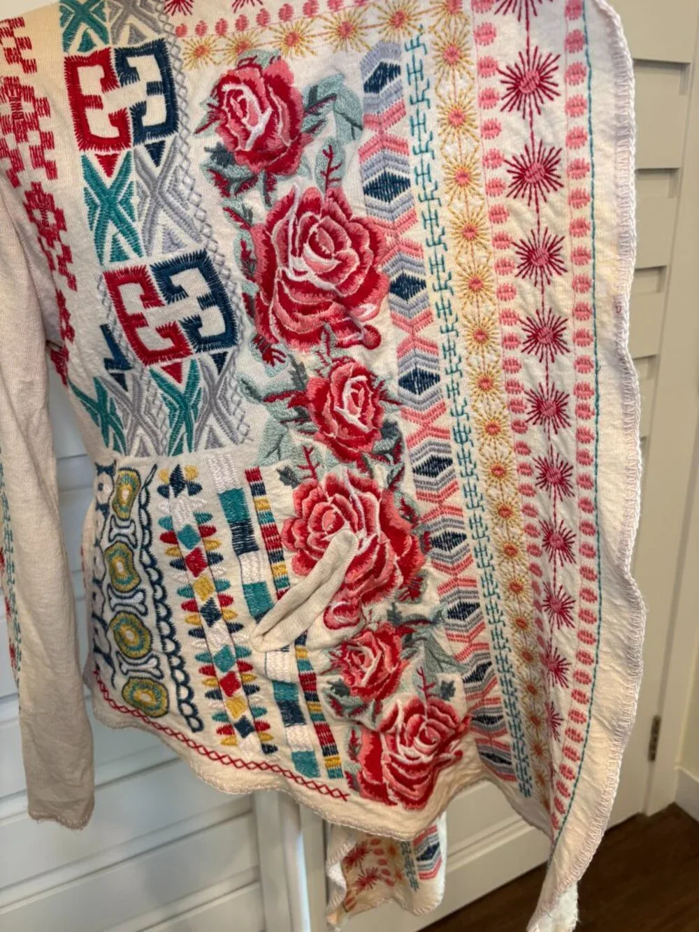 Johnny Was Biya Embroidered Cotton Waterfall Cardigan Medium